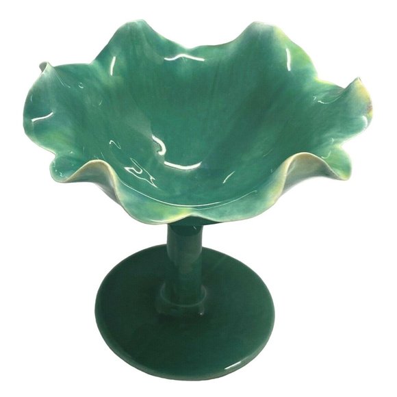 Free Form Opalescent Green Ruffled Edge Pedestal Trinket Bowl Dessert Dish - Picture 1 of 10